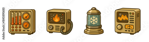 Retrofuturistic climate control consoles cartoon icons set, fire frost disaster monitors