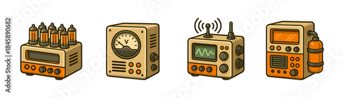 Retrofuturistic radio gadgets cartoon icons set, receivers transmitters hazard canister