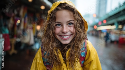 Wallpaper Mural A cheerful girl in a bright yellow raincoat smiles broadly in a bustling city, capturing the essence of joy and youth even in dreary weather conditions. Torontodigital.ca