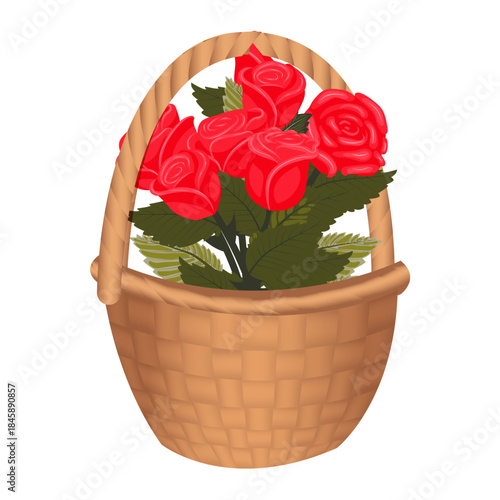 Корзина с красными розами. Векторная иллюстрация изолированная на белом фоне.