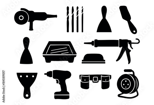 A comprehensive collection of black silhouette icons depicting various construction, DIY, and handyman tools, perfect for home renovation projects. — stock vector.