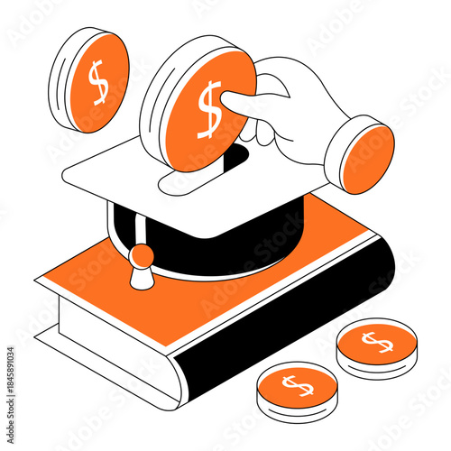 Mortarboard with books and dollar sack, isometric design of educational grant