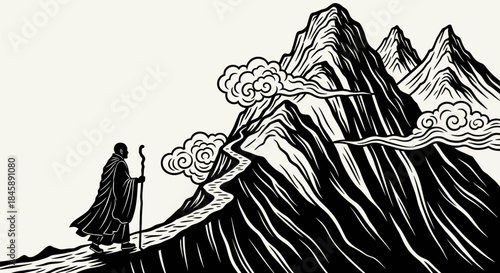 Monk with staff walking on a path towards mountains.