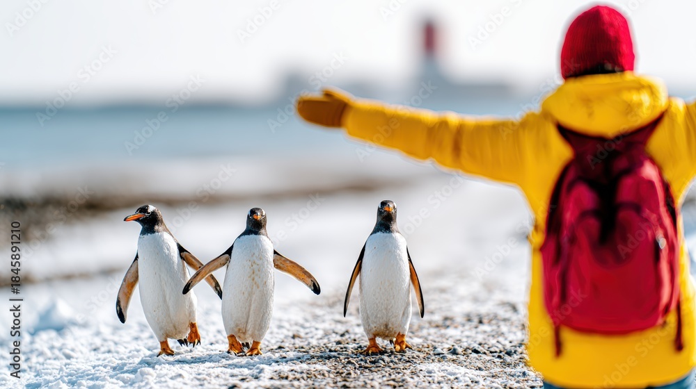 Fototapeta premium A cheerful scene featuring three penguins waddling along a snow-covered beach, while a person in a bright yellow jacket joyfully greets them in the background.