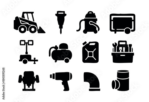 A collection of black silhouette icons representing various construction equipment, workshop tools, and industrial machinery, isolated on white background — stock vector.