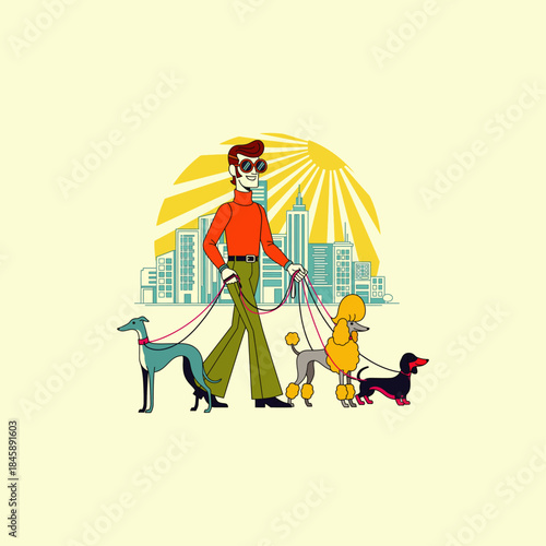 Retro Dog walker icon flat vector design.