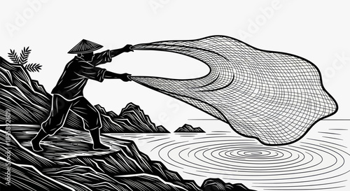 Asian Fisherman Casting Net in Traditional Woodcut Style.