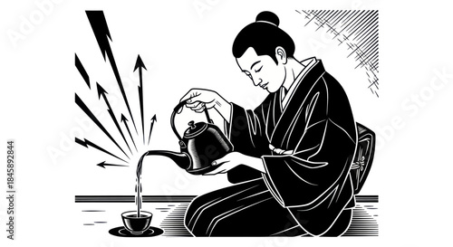Japanese man in traditional kimono pouring tea with focus and grace.