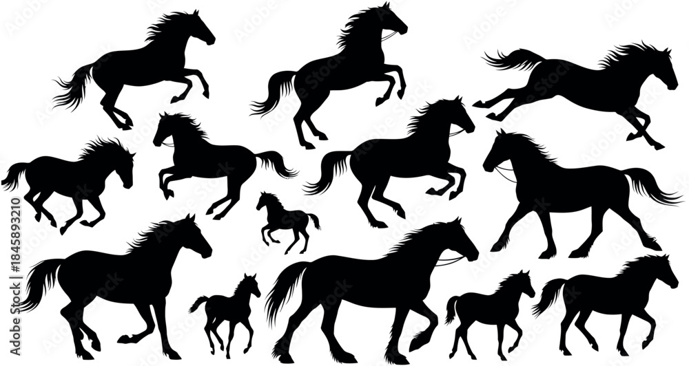 Obraz premium Collection of black horse silhouettes in various running postures