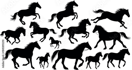 Collection of black horse silhouettes in various running postures