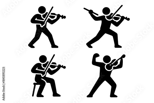 Four black silhouette figures of musicians playing the violin in various poses