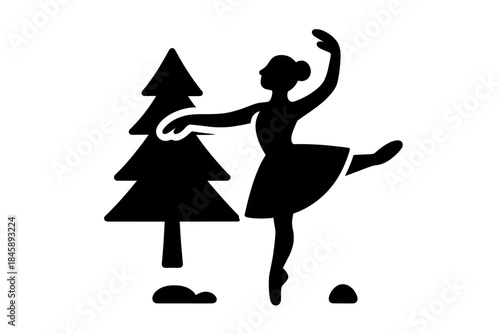 Minimalist silhouette of a ballerina dancing next to a stylized pine tree in a winter setting