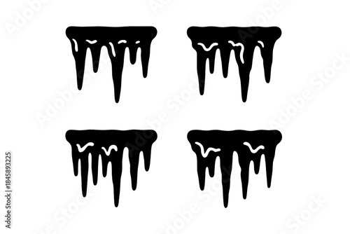 Four black dripping liquid shapes resembling melting ice or spooky slime borders