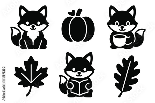 Charming black silhouettes featuring a friendly fox character and classic fall symbols