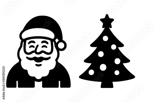 Minimalist black and white icons of Santa Claus portrait and festive evergreen tree