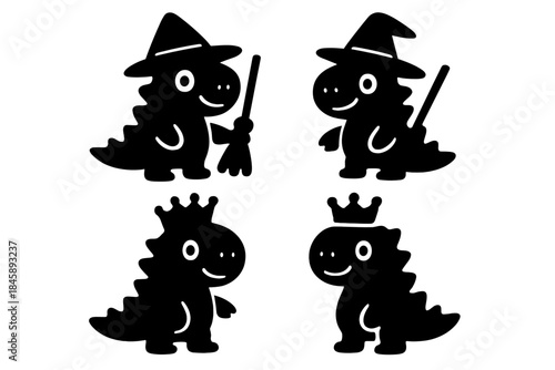 Adorable baby dinosaur silhouettes dressed in witch and royal fantasy costumes