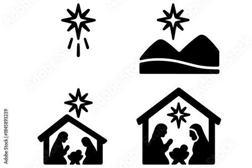 Christmas Nativity icons with Star of Bethlehem and Holy Family silhouettes