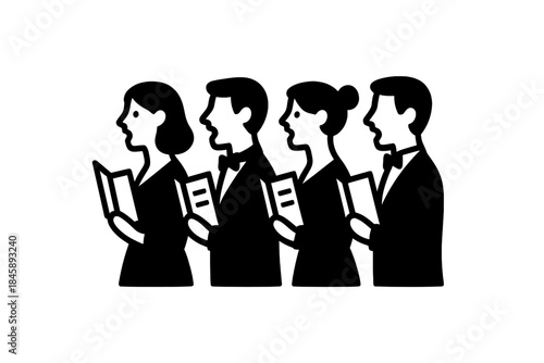 Black and white mixed choir singing performance holding sheet music books