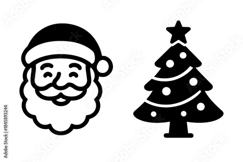 Simple black outline of Santa Claus head with hat and beard next to a decorated Christmas tree
