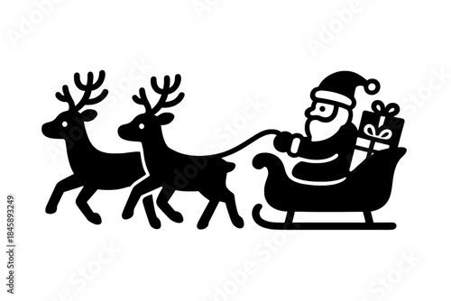 Black stylized silhouette of Santa Claus driving a sleigh with reindeer carrying a holiday gift