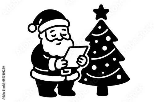 Santa Claus reading a naughty or nice list next to a decorated Christmas tree