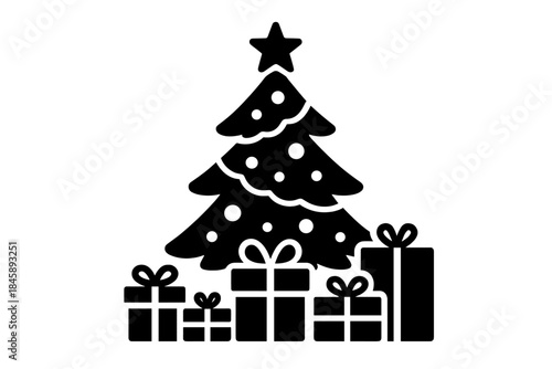 Black silhouette of a decorated Christmas fir tree with a star and pile of presents