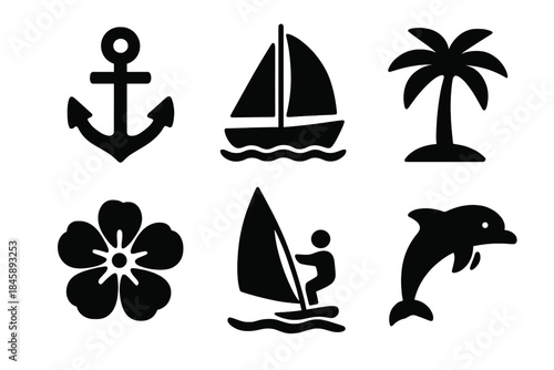 Black silhouette set for summer vacation, tropical travel, and ocean activities
