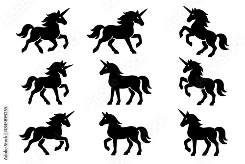 Collection of nine black unicorn silhouettes in various dynamic poses and movements
