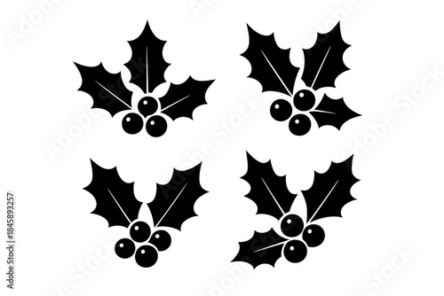 Simple black graphic symbols of traditional winter holiday holly leaves and berries
