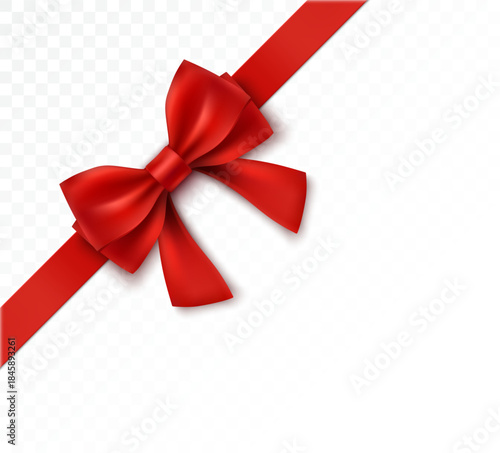 Red Bow Realistic shiny satin with shadow isolated on transparent background for decorate wedding invitation card , greeting card or gift boxes. vector illustration