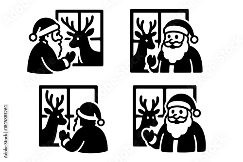 Simple black and white Christmas icons featuring Santa Claus and a reindeer looking through a window