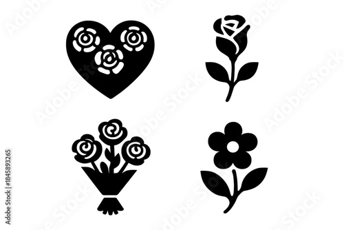 Set of four simple black silhouette icons featuring flowers, roses, a bouquet, and a heart shape