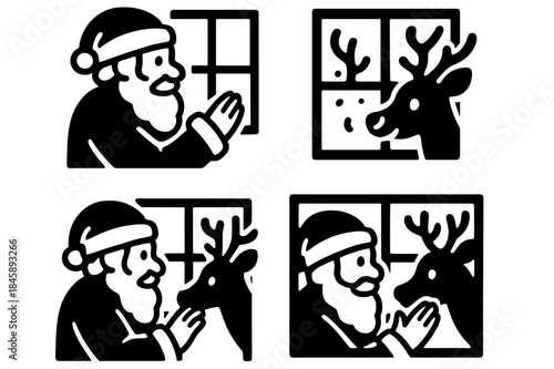 Santa Claus and reindeer characters interacting through a window icon set