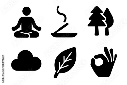 Set of wellness and nature symbols including meditation, aromatherapy, trees, and positive affirmations
