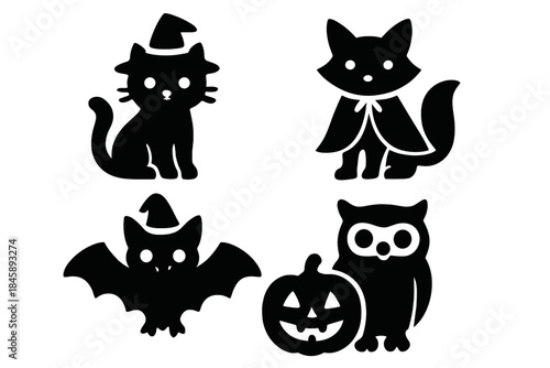 Spooky cute Halloween characters: witch cat, vampire fox, bat, and owl with pumpkin