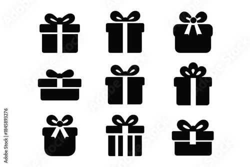 Nine black present box icons with decorative ribbons and bows for festive occasions