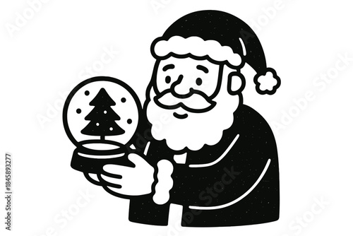 Traditional Santa Claus figure holding a decorative snow globe with a stylized Christmas tree