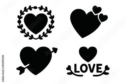 Black silhouette icons of romantic hearts, cupid arrow, laurel wreath, and love text