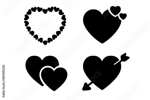 Set of black silhouette heart icons including a frame and Cupid's arrow shape
