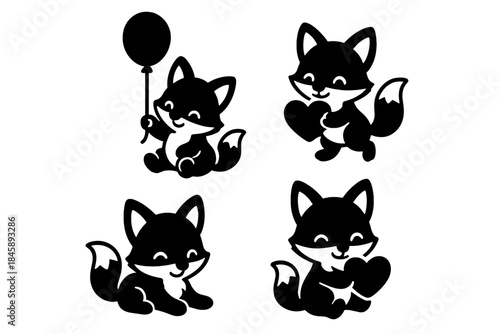 Four adorable black and white cartoon fox characters holding hearts and a balloon