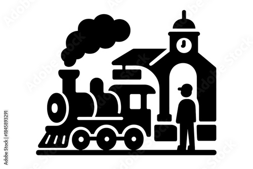 Vintage steam train and railway station building with a traveler waiting for departure