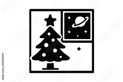 Christmas tree with star topper next to a window view of a planet in space