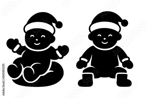 Simple black and white graphic design featuring two stylized babies wearing Santa hats
