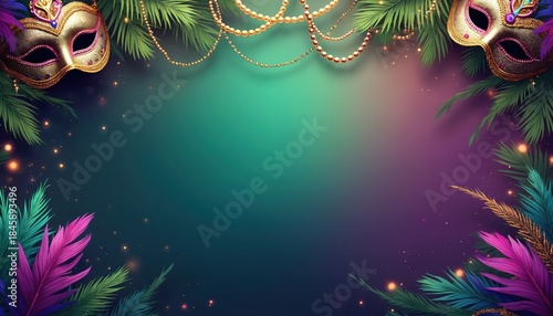 Festive mardi gras border with ornate masks, gold beads, and colorful feathers on a gradient background. Tropical palm leaves frame the scene, creating a vibrant party atmosphere for celebrations.