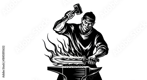 Blacksmith Forging Metal with Hammer and Anvil in a Powerful Woodcut Style.