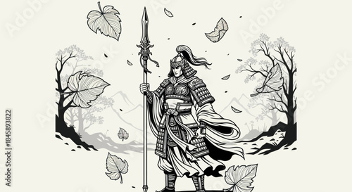 Ancient Warrior Standing Proudly with Spear in Traditional Armor.