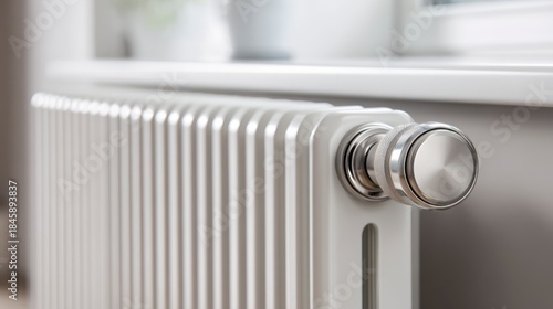 Wallpaper Mural Radiator Comfort: A close-up showcases a modern radiator, gleaming with its pristine finish and efficient design, promising warmth and comfort within a contemporary living space. Torontodigital.ca