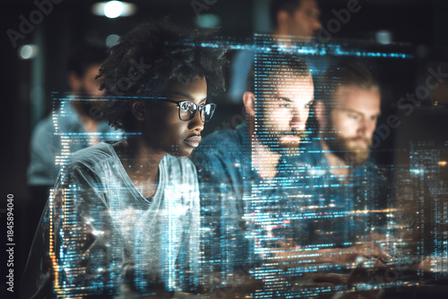 Trabajo colaborativo en entornos de IA, codificación y análisis de datos sensibles. Grupo de personas trabajando en computadoras con superposición digital de código y visualización de datos azules.