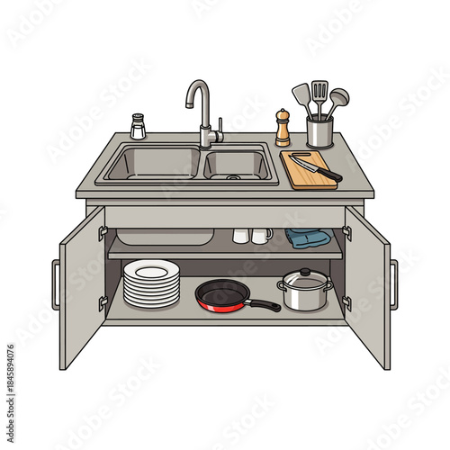 Sink with cabinets showing kitchen fittings to cook food icon flat vector design.