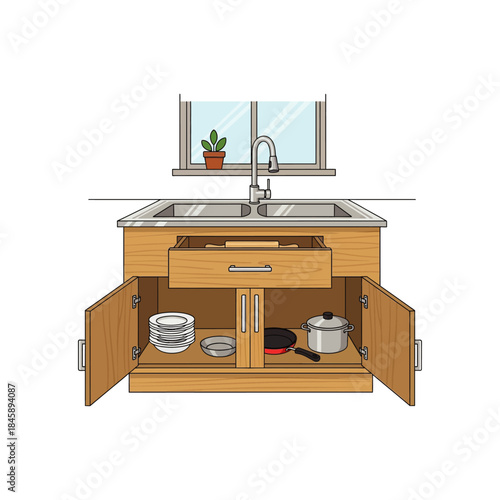 Sink with cabinets showing kitchen fittings to cook food icon flat vector design.